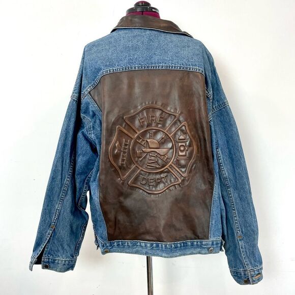 Vintage Other - Fire Department Embroidery Leather back Denim Jacket Vintage Union USA XL